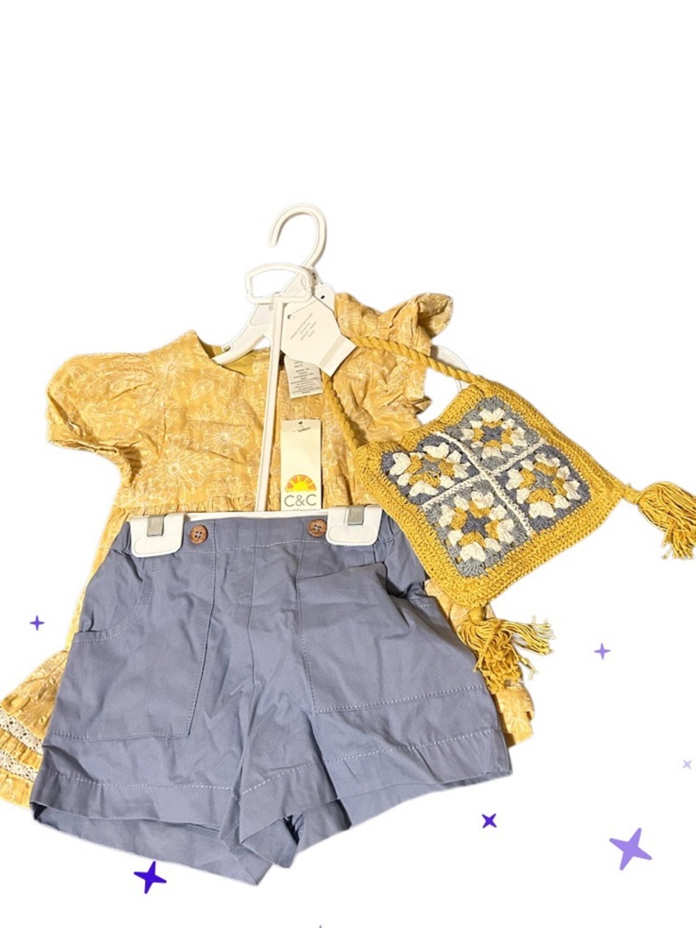 C.C Yellow Floral Blouse with Blue Shorts and Crochet Crossbody
